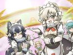  &gt;_&lt; 4girls :&lt; alpaca_ears alpaca_suri_(kemono_friends) alternate_costume animal_ears apron aqua_eyes aqua_hair arms_up artist_name bangs bare_arms black-tailed_prairie_dog_(kemono_friends) black_hair blonde_hair blue_eyes blush brown_hair closed_eyes closed_mouth commentary_request cup dated dress drink drinking_glass drinking_straw dutch_angle enmaided eyebrows_visible_through_hair facing_viewer frills fur_collar grey_hair grey_wolf_(kemono_friends) hair_bun hair_over_one_eye hand_up holding kemono_friends looking_at_viewer maid maid_headdress medium_hair miji_doujing_daile multicolored_hair multiple_girls nose_blush one_eye_closed open_mouth orange_eyes platinum_blonde_hair prairie_dog_ears prairie_dog_tail short_sleeves smile sparkle tail tray tsuchinoko_(kemono_friends) two-tone_hair upper_body upper_teeth waist_apron wolf_ears wolf_tail wrist_cuffs 