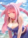  1girl animal_ears babydoll bangs bell bell_collar blush breasts cat_ears cat_tail cleavage collar day eyebrows_visible_through_hair facial_mark final_fantasy final_fantasy_xiv heterochromia highres large_breasts leaning_forward looking_at_viewer lyra-kotto miqo&#039;te outdoors pink_hair slit_pupils solo tail water whisker_markings 