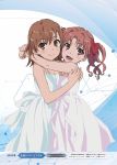  2girls :d arms_around_neck artist_request bare_shoulders blue_background bob_cut bow brown_eyes brown_hair closed_mouth commentary cowboy_shot dress english_commentary hair_bow hair_ornament hairclip hand_on_another&#039;s_shoulder highres hug light_blush light_smile long_hair looking_at_viewer misaka_mikoto multiple_girls official_art open_mouth pink_dress red_bow red_ribbon ribbon scan shirai_kuroko short_hair sleeveless sleeveless_turtleneck smile standing sundress to_aru_kagaku_no_railgun to_aru_majutsu_no_index turtleneck twintails white_dress 