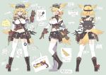  1girl absurdres arms_at_sides arrow_(symbol) bag black_shorts blonde_hair boots breasts brown_footwear brown_gloves cleavage closed_mouth concept_art copyright_request donguri_suzume fang garter_straps gloves goggles goggles_on_head green_background gun hair_between_eyes hand_on_hip hand_up head_wings headphones highres holding holding_wrench large_breasts legs_apart looking_at_viewer low_wings micro_shorts microphone mole mole_on_breast mole_on_thigh multicolored_hair multiple_views navel pigeon-toed pouch profile purple_eyes short_hair shorts shoulder_bag simple_background smile smug standing streaked_hair tail thighhighs underbust weapon wings work_gloves wrench 