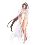  1girl bangs blush breasts bride brown_hair cleavage dress full_body grey_eyes grin high_heels highres kakiman khan_(last_origin) large_breasts last_origin long_hair official_art pelvic_curtain ponytail smile solo tachi-e thick_thighs thighs transparent_background very_long_hair wedding_dress 