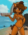  anthro beach bikini braces breasts brown_hair clothed clothing equid equine female food hair hasbro hat headgear headwear hi_res horse mammal marsminer my_little_pony navel pizza pony seaside solo swimwear venus_spring 