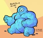  barazoku barefoot biceps biped blkmnstrr english_text goo_creature humanoid male muscular muscular_humanoid muscular_male nude simple_background skull_head slime solo text very_chubby water_based 