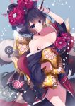  1girl absurdres bangs bare_shoulders blue_background blue_eyes blush breasts cleavage collarbone fate/grand_order fate_(series) giant_brush hair_bun hair_ornament hairpin hand_on_hip highres japanese_clothes katsushika_hokusai_(fate/grand_order) kimono ko_yu long_sleeves looking_at_viewer medium_breasts octopus off_shoulder open_mouth paintbrush purple_hair purple_kimono red_kimono sash short_hair tokitarou_(fate/grand_order) wide_sleeves 