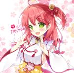  1girl ahoge bell blush breasts cherry_blossom_print detached_sleeves double_w floral_print green_eyes hair_bell hair_ornament highres hololive long_hair mikeou open_mouth paw_print_pattern pink_hair sakura_miko sideboob solo upper_body virtual_youtuber w 