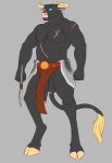  anthro big_penis black_body black_fur blue_eyes bovid bovine cattle european_mythology fur genitals greek_mythology hi_res humanoid_genitalia humanoid_penis male mammal merffle minotaur muscular muscular_anthro muscular_male mythology penis scar solo weapon 