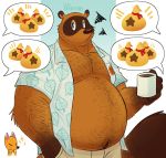  animal_crossing belly beverage blush bottomwear brown_body brown_fur canid canine clothed clothing coffee crazy_redd fox fur hairy humanoid_hands male mammal moobs nintendo open_shirt overweight overweight_male pictographics raccoon_dog shirt shorts solo_focus tanuki thediyemi tom_nook_(animal_crossing) topwear video_games 