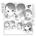  &gt;_&lt; 1panel absurdres blush character_sheet closed_eyes collarbone drill_hair expressions eyebrows_visible_through_hair eyeliner facing_to_the_side highres houjou_karen idolmaster idolmaster_cinderella_girls keyyan looking_to_the_side makeup monochrome profile short_hair short_twintails translation_request twintails 