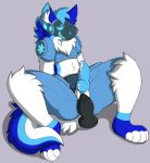  anthro blue_body blue_fur blush bodily_fluids crisstail cum dildo dildo_sitting erection fur genital_fluids genitals hi_res machine male male_penetrated nude penetration penis protogen sex_toy simple_background solo white_body white_fur 