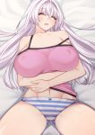  1girl bangs bed blush breasts character_request closed_eyes copyright_request dura highres large_breasts long_hair open_mouth panties pink_shirt shirt sleeping strap_slip striped striped_panties underwear white_hair 