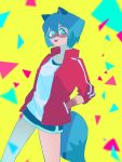  3:4 abstract_background anthro black_nose blue_body blue_eyes blue_fur blue_hair brand_new_animal brown_body brown_fur canid canine clothed clothing female fluffy fluffy_tail fur hair hand_in_pocket hi_res i4_kan jacket looking_at_viewer mammal michiru_kagemori open_jacket pockets portrait raccoon_dog short_hair studio_trigger tanuki three-quarter_portrait tongue tongue_out topwear 