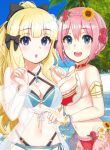  2girls :d :o armlet bangs beach bikini black_bow blonde_hair blue_bikini blue_eyes blunt_bangs blush bow bracelet breasts cleavage criss-cross_halter day elf eyebrows_visible_through_hair flower ginnote hair_between_eyes hair_bow hair_flower hair_ornament hairband halterneck holding_hands jewelry large_breasts long_hair looking_at_viewer multiple_girls navel o-ring o-ring_bikini open_mouth outdoors pink_hair pointy_ears ponytail princess_connect! princess_connect!_re:dive red_bikini saren_(princess_connect!) short_hair smile solo swimsuit upper_body water yui_(princess_connect!) 
