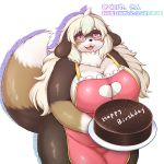  1:1 anthro apron apron_only big_breasts biped birthday_cake black_nose blush breasts brown_body brown_fur cake canid canine canis cleavage cleavage_cutout clothed clothing curvy_figure domestic_dog english_text eyebrow_through_hair eyebrows eyewear female floppy_ears fluffy fluffy_hair fluffy_tail food fur glasses glistening glistening_body glistening_fur hair heart_cutout hi_res holding_food holding_object huge_breasts iridescent iridescent_hair japanese_text kemono long_hair looking_at_viewer mammal molosser mostly_nude mountain_dog multicolored_body multicolored_fur multicolored_tail neck_tuft open_mouth open_smile pince-nez pink_eyes saint_bernard shibaemonxsk simple_background slightly_chubby smile solo standing text thick_thighs tight_clothing tongue translated translucent translucent_hair tuft voluptuous white_background white_body white_fur white_hair wide_hips 