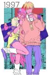  1997 1boy 1girl alternate_costume alternate_eye_color bag baggy_clothes blonde_hair bookbag bow bowtie building cellphone chainsaw_man city collared_shirt crosshair_pupils cup demon_girl demon_horns denim denji_(chainsaw_man) drinking drinking_straw hair_between_eyes hair_bow hair_ornament hand_in_pocket highres holding_another&#039;s_arm horns jeans kanitumuri leg_up long_hair looking_at_viewer pants phone pink_hair power_(chainsaw_man) red_eyes red_sky school_uniform sharp_teeth shirt shoes short_hair skirt sky smile socks sweater teeth tree v very_long_hair watch yellow_eyes 