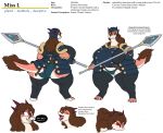  5_fingers 5_toes anthro armor big_breasts big_butt breasts brown_body brown_fur brown_hair butt clothed clothing curvy_figure dialogue dragon english_text female fingers front_view fully_clothed fur grin hair holding_object holding_weapon horn huge_breasts huge_butt long_hair looking_at_viewer melee_weapon miss_l model_sheet open_mouth overweight overweight_anthro overweight_female pink_body pink_skin polearm rear_view red_eyes sharp_teeth simple_background smile solo spear speech_bubble teeth text thick_thighs toes tongue tongue_out vdisco voluptuous weapon white_background wide_hips 