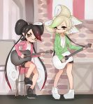  +_+ 2girls aori_(splatoon) bangs black_footwear black_hair black_shorts brown_eyes closed_mouth commentary_request cousins domino_mask earrings foot_up gradient_hair green_hair green_jacket grey_hair guitar half-closed_eyes highres holding holding_instrument hotaru_(splatoon) instrument jacket jewelry light_frown long_hair long_sleeves looking_at_viewer mask medium_hair mole mole_under_eye multicolored_hair multiple_girls music no_headwear no_socks open_clothes open_jacket partially_unzipped pink_jacket playing_instrument pointy_ears red_hair shirt shoes short_shorts shorts sitting smile splatoon_(series) standing stool sukeo_(nunswa08) swept_bangs tentacle_hair very_long_hair white_footwear white_shirt 