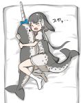  1girl black_bow blowhole blue_bow blue_neckwear bow commentary_request dolphin_tail dress grey_dress grey_hair hair_bow heart hug kemono_friends multicolored_hair narwhal_(kemono_friends) neckerchief no_shoes numero_509 on_bed open_mouth puffy_short_sleeves puffy_sleeves sailor_collar sailor_dress short_hair short_hair_with_long_locks short_sleeves sleeping socks solo stuffed_animal stuffed_toy two-tone_dress white_hair white_legwear 