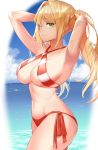  1girl ahoge armpits arms_behind_head bangs bare_shoulders beach bikini blonde_hair blue_sky blush breasts cleavage closed_mouth cloud collarbone cowboy_shot criss-cross_halter fate/grand_order fate_(series) green_eyes hair_between_eyes hair_intakes halterneck highres hyury large_breasts long_hair navel nero_claudius_(fate)_(all) nero_claudius_(swimsuit_caster)_(fate) ocean red_bikini side-tie_bikini sky smile striped striped_bikini swimsuit thighs twintails 