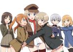  6+girls :d ;d amelie_planchard arm_around_waist ass ass_visible_through_thighs bangs belt black_belt black_jacket black_legwear black_ribbon blazer blonde_hair blue_eyes blue_jacket bob_cut bow bow_panties braid brown_headwear brown_jacket chin_grab commentary_request crotch_seam eyebrows_visible_through_hair flat_cap francie_gerard green_eyes grey_eyes grey_hair hair_ribbon hat highres hug jacket kadomaru_misa kaneko_(novram58) laura_toth light_brown_hair long_hair looking_at_another looking_at_viewer looking_back lynette_bishop medium_hair military military_uniform multiple_girls necktie no_pants one_eye_closed open_mouth orange_hair panties partial_commentary red_scarf ribbon scarf shirt short_hair siblings simple_background sisters smile strike_witches thighhighs twin_braids twintails underwear uniform very_short_hair white_background white_panties white_ribbon white_shirt wilma_bishop wing_collar world_witches_series 