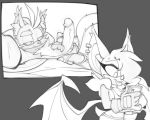  2_tails anthro bedroom_eyes bigdad canid canine cellphone chiropteran clothing dick_pic duo female fox genitals gloves hair hair_over_eye hand_on_penis handwear male mammal miles_prower monochrome multi_tail narrowed_eyes one_eye_obstructed penis phone rouge_the_bat seductive selfie sonic_the_hedgehog_(series) wings 