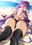  1girl :o absurdres ass bangs bare_shoulders bb_(fate)_(all) bb_(swimsuit_mooncancer)_(fate) beach bikini black_gloves black_legwear blush breasts day dutch_angle eyebrows_visible_through_hair fanbox_reward fate/grand_order fate_(series) fingerless_gloves from_behind gloves hair_ribbon highres horizon large_breasts long_hair looking_at_viewer looking_back matsui_hiroaki micro_shorts ocean outdoors paid_reward parted_lips photoshop_(medium) purple_bikini purple_eyes purple_hair ribbon shorts sideboob sidelocks solo star_(symbol) swimsuit thighhighs very_long_hair water_drop wet 