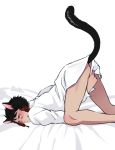  2018 animal_humanoid ass_up black_hair blackkdogg blush bottomless butt cat_humanoid clothed clothing covering covering_self felid felid_humanoid feline feline_humanoid hair hi_res humanoid male mammal mammal_humanoid shirt simple_background solo topwear white_background 