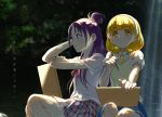  arm_behind_head blonde_hair blue_eyes blue_skirt bob_cut eyebrows_visible_through_hair futari_wa_precure_splash_star hair_rings holding holding_pencil hoshi_(xingspresent) kise_yayoi light_particles light_rays mishou_mai outdoors pencil plaid plaid_skirt plant precure puffy_short_sleeves puffy_sleeves purple_hair red_neckwear shirt short_sleeves sketchbook skirt smile_precure! sunlight sweater white_shirt yellow_eyes yellow_neckwear yellow_sweater 