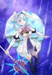  1girl agasa_(agasaillust) aqua_eyes blue_eyes energy_spear energy_weapon feet_out_of_frame head_wings holding holding_staff juliet_sleeves long_sleeves melia meteor_shower o-ring puffy_sleeves silver_hair solo staff thighhighs twitter_username xenoblade_(series) xenoblade_1 