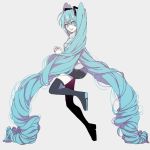  1girl absurdly_long_hair black_legwear black_skirt blue_eyes blue_hair breasts collared_shirt curly_hair eiku eyelashes eyes_visible_through_hair facing_viewer full_body grey_background grey_shirt hair_between_eyes hatsune_miku head_tilt highres interlocked_fingers leg_up light_smile long_hair looking_back looking_to_the_side own_hands_together pale_skin parted_lips pleated_skirt shiny shiny_hair shirt sideboob sidelocks simple_background skirt small_breasts solo sparkle standing standing_on_one_leg thighhighs tiptoes twintails very_long_hair vocaloid zettai_ryouiki 