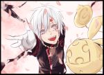  1boy :d akaneko445 allen_walker arm_up bangs black_jacket black_order_uniform d.gray-man facial_mark from_above gloves grey_eyes hair_between_eyes jacket long_sleeves looking_at_viewer male_focus military_jacket open_mouth petals silver_hair smile solo timcanpy white_background white_gloves 