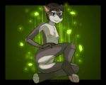  2018 5:4 anthro blizzard_entertainment blue_eyes breasts brown_hair butt canid chest_tuft eddiew fangs female fur genitals glowing green_background grey_body grey_fur hair leaf looking_at_viewer magic mammal nipples nude pawpads pussy short_hair simple_background small_breasts smile solo tuft video_games warcraft were werecanid white_body white_fur worgen 
