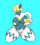  absurd_res anthro areola belly big_breasts breast_squish breasts embarrassed fangs felid female genitals hi_res legendary_pok&eacute;mon mammal navel nintendo nipples plantedpot pok&eacute;mon pok&eacute;mon_(species) pussy shiny_pok&eacute;mon slightly_chubby solo squish thick_thighs video_games wide_hips yellow_areola zeraora 