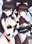  2girls absurdres animal_ears atago_(azur_lane) atago_(stunning_speedster)_(azur_lane) azur_lane bangs bikini black_bikini black_hair black_legwear breasts brown_eyes cleavage cowboy_shot elbow_gloves extra_ears fingerless_gloves gloves hair_flaps highleg highleg_bikini highleg_swimsuit highres large_breasts logo long_hair min1910 mole mole_under_eye multiple_girls pantyhose ponytail race_queen ribbon shrug_(clothing) standing swept_bangs swimsuit takao_(azur_lane) takao_(full_throttle_charmer)_(azur_lane) tongue tongue_out two-tone_bikini two-tone_leotard umbrella white_gloves white_ribbon wolf_ears wrist_cuffs 