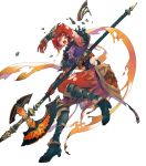  1girl alternate_costume armor armored_boots bangs belt bodysuit bodysuit_under_clothes boots breastplate feather_trim fire_emblem fire_emblem:_mystery_of_the_emblem fire_emblem_heroes gauntlets hair_ornament highres minerva_(fire_emblem) official_art red_bodysuit red_eyes red_hair shiny shiny_clothes shiny_hair short_hair shoulder_armor solo 