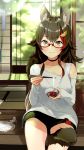  alternate_costume animal_ears blush breasts chopsticks collarbone commentary food glasses highres hololive long_hair looking_at_viewer ookami_mio shorts smile tail virtual_youtuber wolf_ears wolf_tail yellow_eyes yuyaiyaui 