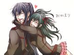  1boy 1girl :d azusa1212 bangs black_order_uniform blue_hair blush brown_jacket closed_eyes d.gray-man eyebrows_visible_through_hair floating_hair green_hair grey_legwear hair_between_eyes hair_ribbon heart hug hug_from_behind jacket kanda_yuu layered_skirt lenalee_lee long_hair long_sleeves miniskirt open_mouth pink_skirt pleated_skirt ponytail red_ribbon ribbon simple_background skirt smile thighhighs twintails very_long_hair white_background zettai_ryouiki 