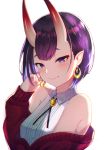  1girl bangs bare_shoulders blush bob_cut breasts closed_mouth earrings eyeliner fate/grand_order fate_(series) highres horns itsumi_mita jewelry long_sleeves looking_at_viewer makeup off-shoulder_sweater off_shoulder oni oni_horns pointy_ears purple_eyes purple_hair red_sweater shirt short_hair shuten_douji_(fate/grand_order) simple_background skin-covered_horns sleeveless sleeveless_shirt small_breasts smile sweater white_shirt 