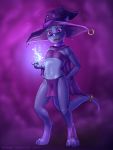  2019 3_toes 4_fingers anthro cape claws clothing digitigrade eddiew female fingers flat_chested glowing hat headgear headwear hi_res horn kobold loincloth looking_at_viewer magic magic_user navel open_mouth purple_background purple_body purple_clothing purple_eyes purple_scales scales scalie simple_background solo standing tail_ring toe_claws toes underwear witch_hat 
