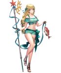  1girl animal bangs bare_shoulders bikini bikini_shorts braid breasts collarbone fingerless_gloves fire_emblem fire_emblem:_three_houses fire_emblem_heroes fish full_body gloves hair_ornament highres holding holding_weapon ingrid_brandl_galatea leg_up long_hair looking_at_viewer medium_breasts navel official_art polearm sandals senchat shorts single_braid smile solo standing standing_on_one_leg stomach swimsuit tied_hair toes transparent_background weapon 