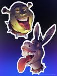  3:4 ahegao ahegao_face anthro asinus big_nose bodily_fluids collar cursed_image cursedmayo dark_background donkey donkey_(shrek) dreamworks duo ears_up equid equine eyebrows fur green_body green_skin grey_body grey_fur hair hi_res humanoid long_ears long_tongue looking_pleasured looking_up male mammal nightmare_fuel ogre orgasm orgasm_face red_eyes shrek_(character) shrek_(series) simple_background spiked_collar spikes sticker stickers sweat teeth tongue tongue_out what where_is_your_god_now why 