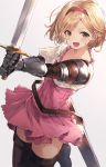  1girl :d bangs blonde_hair blush boots brown_eyes brown_footwear collarbone djeeta_(granblue_fantasy) enomoto_hina eyebrows_visible_through_hair frilled_shirt frills gauntlets gradient gradient_background granblue_fantasy grey_background high-waist_skirt highres holding holding_sword holding_weapon horns leg_up looking_at_viewer open_mouth outstretched_arms pink_skirt red_horns sheath shirt short_hair short_sleeves skirt smile solo standing standing_on_one_leg swept_bangs sword thigh_boots thighhighs unsheathed v-shaped_eyebrows weapon white_shirt zettai_ryouiki 