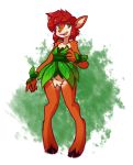  2018 activision anthro bottomless brown_body brown_fur clothed clothing cloven_hooves crotch_tuft dress elora faun female fur green_eyes hair hooves leaf mewgle naturally_censored open_mouth open_smile red_hair short_hair simple_background smile solo spyro_the_dragon standing tan_body tan_fur tuft video_games 
