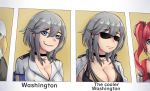  3girls armband azur_lane bald_eagle bird blue_eyes breasts choker cleavage commentary_request cross cross_necklace dual_persona eagle english_text epaulettes forced_smile grey_hair jewelry large_breasts meme multiple_girls necklace red_hair san_diego_(azur_lane) short_hair smile soruex sunglasses twintails washington_(azur_lane) 