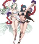  2girls armpits arms_up bangs bikini breasts byleth_(fire_emblem) byleth_(fire_emblem)_(female) cape cleavage cuboon dagger dual_wielding fire_emblem fire_emblem:_three_houses fire_emblem_heroes flower full_body green_eyes green_hair hair_flower hair_ornament hibiscus highres holding large_breasts lips long_hair looking_away multiple_girls navel official_art open_mouth purple_eyes rhea_(fire_emblem) sandals shiny shiny_hair shiny_skin short_hair smile stomach swimsuit toes transparent_background weapon 
