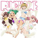  4girls arm_up barefoot bell black-framed_eyewear blonde_hair blue_eyes bow bow_bra bow_panties bra brown_eyes brown_hair chichibu_rabura copyright_name daihatsu_meika earrings frilled_panties frills green_eyes green_hair hair_bell hair_ornament hand_behind_head hand_on_own_knee hikiotani_ito hoop_earrings jewelry long_hair multiple_girls narugino_mikatan navel official_art one_eye_closed open_mouth panties pink_hair pose punch_line purple_bra purple_panties rectangular_eyewear rimless_eyewear short_hair single_bang striped striped_bra striped_panties suggestive_fluid thighhighs twintails underwear underwear_only updo upper_teeth 