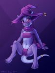  2019 3_toes 4_fingers anthro blush cape claws clothing digitigrade eddiew female fingers flat_chested hat headgear headwear hi_res horn kobold loincloth looking_at_viewer magic_user navel open_mouth purple_background purple_body purple_clothing purple_eyes purple_scales ring scales scalie simple_background sitting smile solo spread_legs spreading tail_ring toe_claws toes underwear witch_hat 