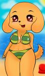  anthro beach blush breasts canid canine clothed clothing female female_focus fluffy fluffy_tail fur happy humanoid mammal matilda matilda_(character) matilda_(obsidian) navel outside seaside simple_background smile solo standing xepwen 