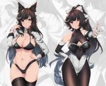  2girls animal_ears ass_visible_through_thighs atago_(azur_lane) atago_(stunning_speedster)_(azur_lane) azur_lane bangs bikini black_bikini black_hair black_legwear bow breasts brown_eyes commentary cowboy_shot english_commentary extra_ears finger_gun hair_bow hair_flaps hand_on_hip highleg highleg_bikini highleg_swimsuit large_breasts long_hair looking_at_viewer mole mole_under_eye multicolored_leotard multiple_girls one_eye_closed persocon93 ponytail race_queen ribbon shrug_(clothing) swept_bangs swimsuit takao_(azur_lane) takao_(full_throttle_charmer)_(azur_lane) thigh_gap thighhighs two-tone_bikini two-tone_leotard white_bow white_ribbon wrist_cuffs zoom_layer 