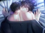  1boy 1girl back bare_shoulders black_hair blush brown_hair closed_eyes hetero izumi_(stardustalone) japanese_clothes kimono long_hair lying on_back original sheet_grab 