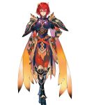  1girl alternate_costume armor armored_boots bangs belt bodysuit bodysuit_under_clothes boots breastplate closed_mouth feather_trim fire_emblem fire_emblem:_mystery_of_the_emblem fire_emblem_heroes gauntlets hair_ornament highres minerva_(fire_emblem) official_art red_bodysuit red_eyes red_hair shiny shiny_clothes shiny_hair short_hair shoulder_armor smile solo 